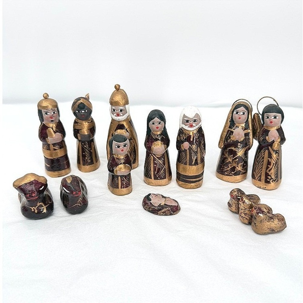 Nativity Scene Set VTG Hand Painted Wood Gold Burgundy Folk Art Tonala 12 Piece